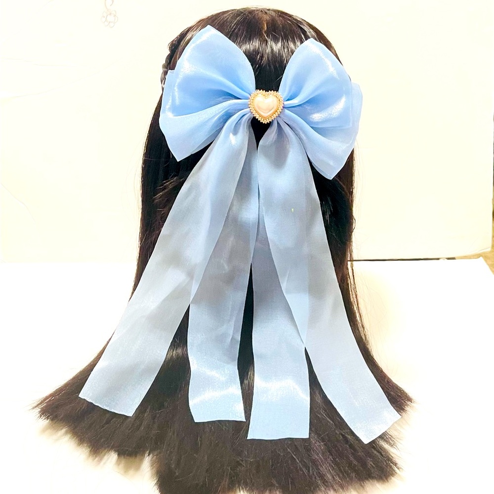 Pastel Blue Hair Bow with Pearl Heart